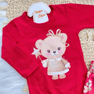 Conj. Body Manga Longa Ursinha, Saia e Faixinha em Plush - Vermelho